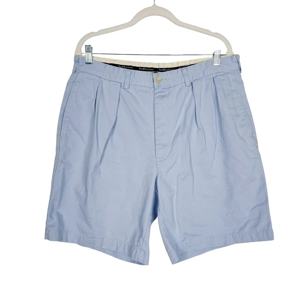 Polo Ralph Lauren Tyler Shorts 36 Light Blue Pleated Chino Preppy Coastal